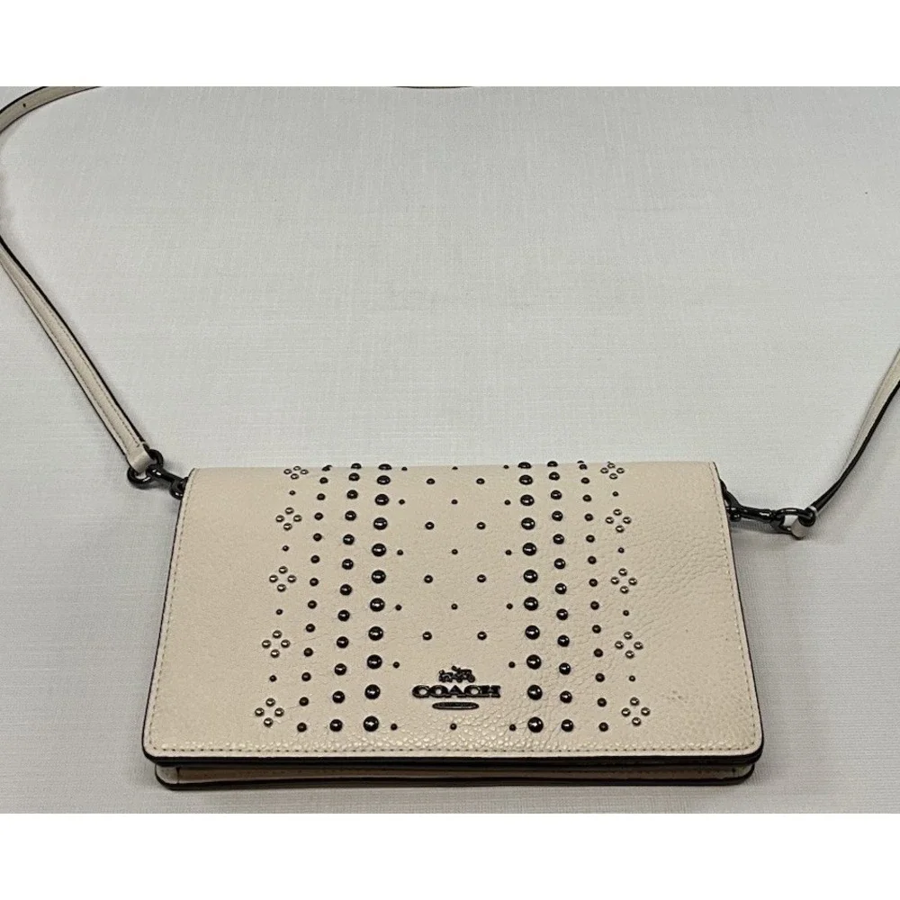 COACH Bandana Rivets Foldover Crossbody Purse Bag Ivory Pebbled Leather VGUC